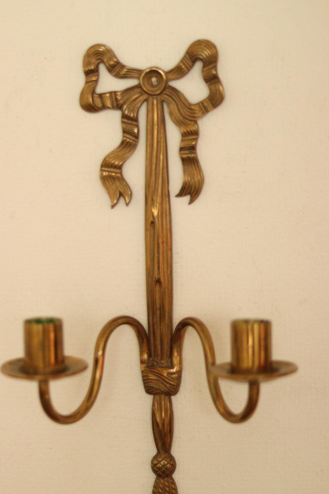 Pair of Vintage French Brass Double Arm Bow Sconces