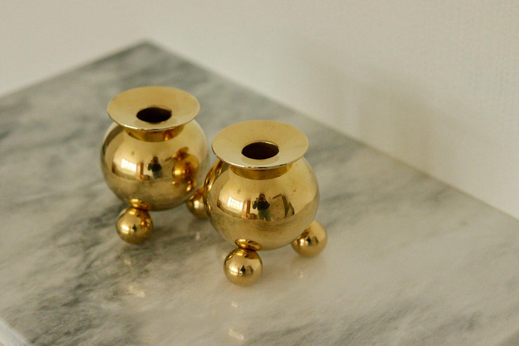 Pair of Mid-Century Swedish Heavy Brass Candle Holders by Gusum