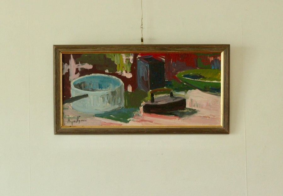 Original Swedish Oil on Panel Still Life with Iron and Pot by Hugo Nyman