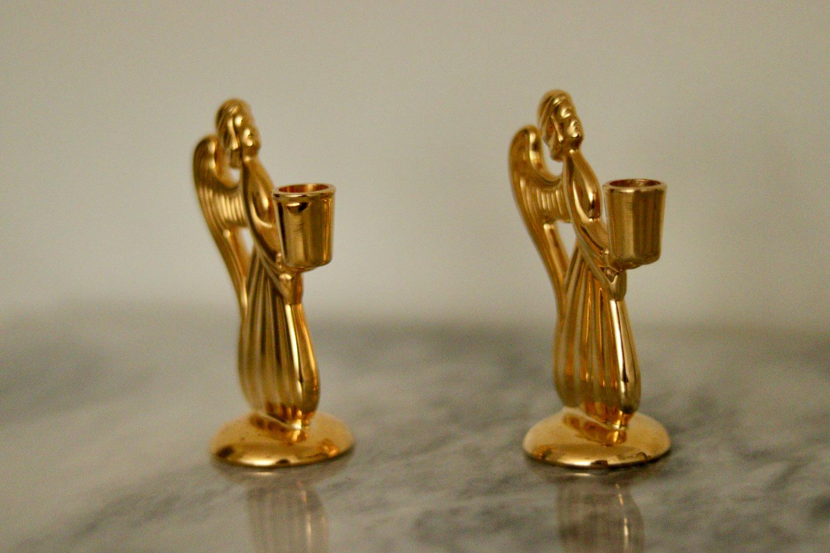 Pair of Vintage Swedish Brass Angel Candleholders by Skultuna