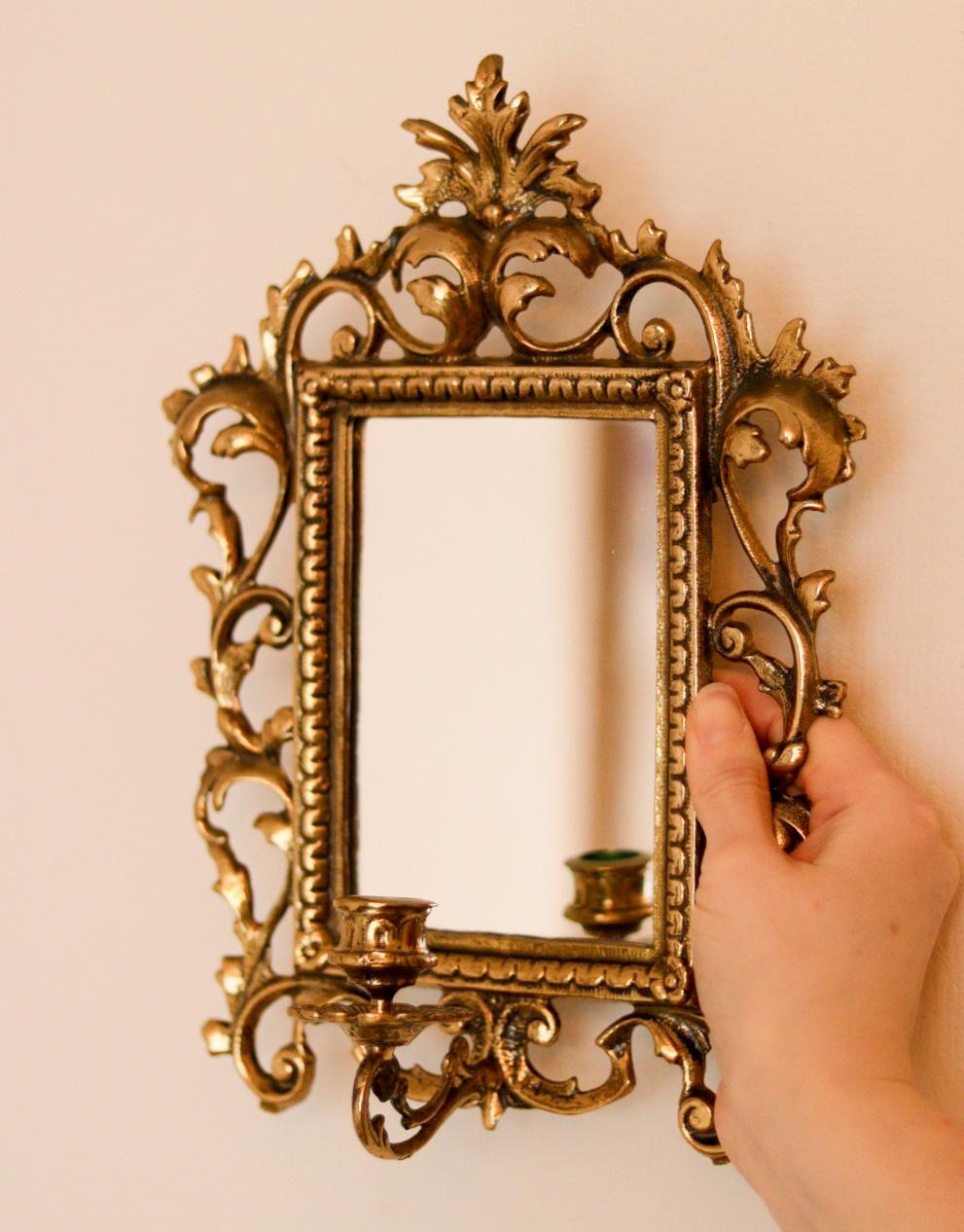 Pair of Swedish Brass Sconces with Mirror