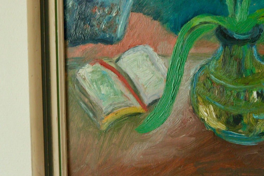 Original Mid Century Oil on Board – “Still Life with Flowers, Book and Object”
