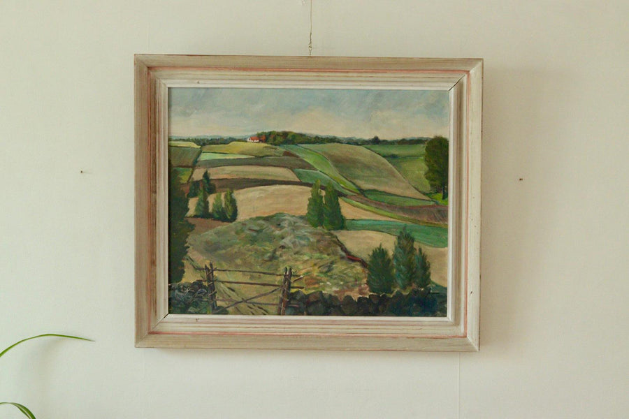 Mid-Century Original Swedish Oil on Panel " Rolling Landscape "