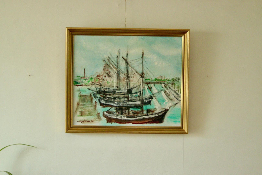 Original Mid-Century Oil on Canvas – “At The Dock”