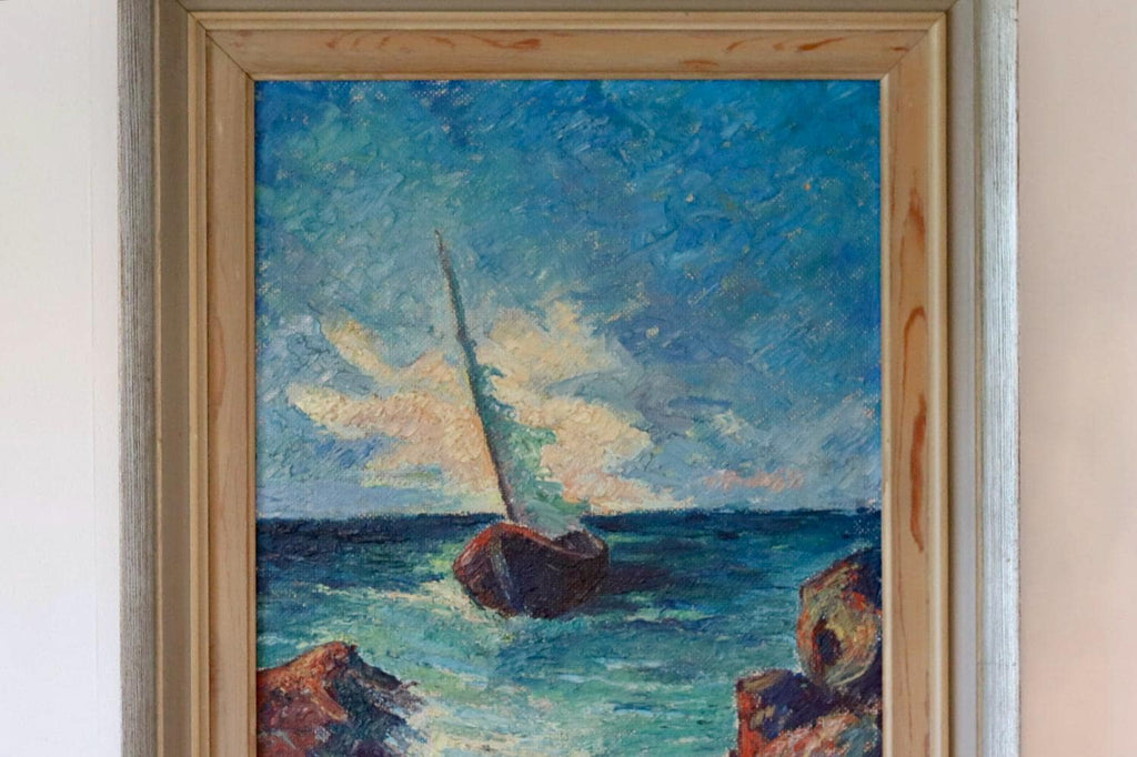 Mid-20th Century Original Oil on Panel – Ship at Sea