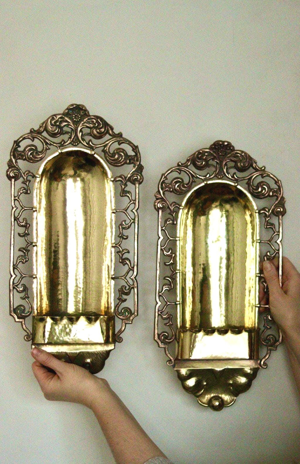 Pair of Antique Swedish Art Craft Copper & Brass Sconces