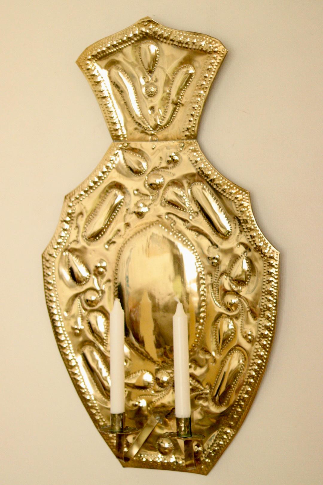 Pair Large baroque Style Mid Century Swedish Brass Sconces