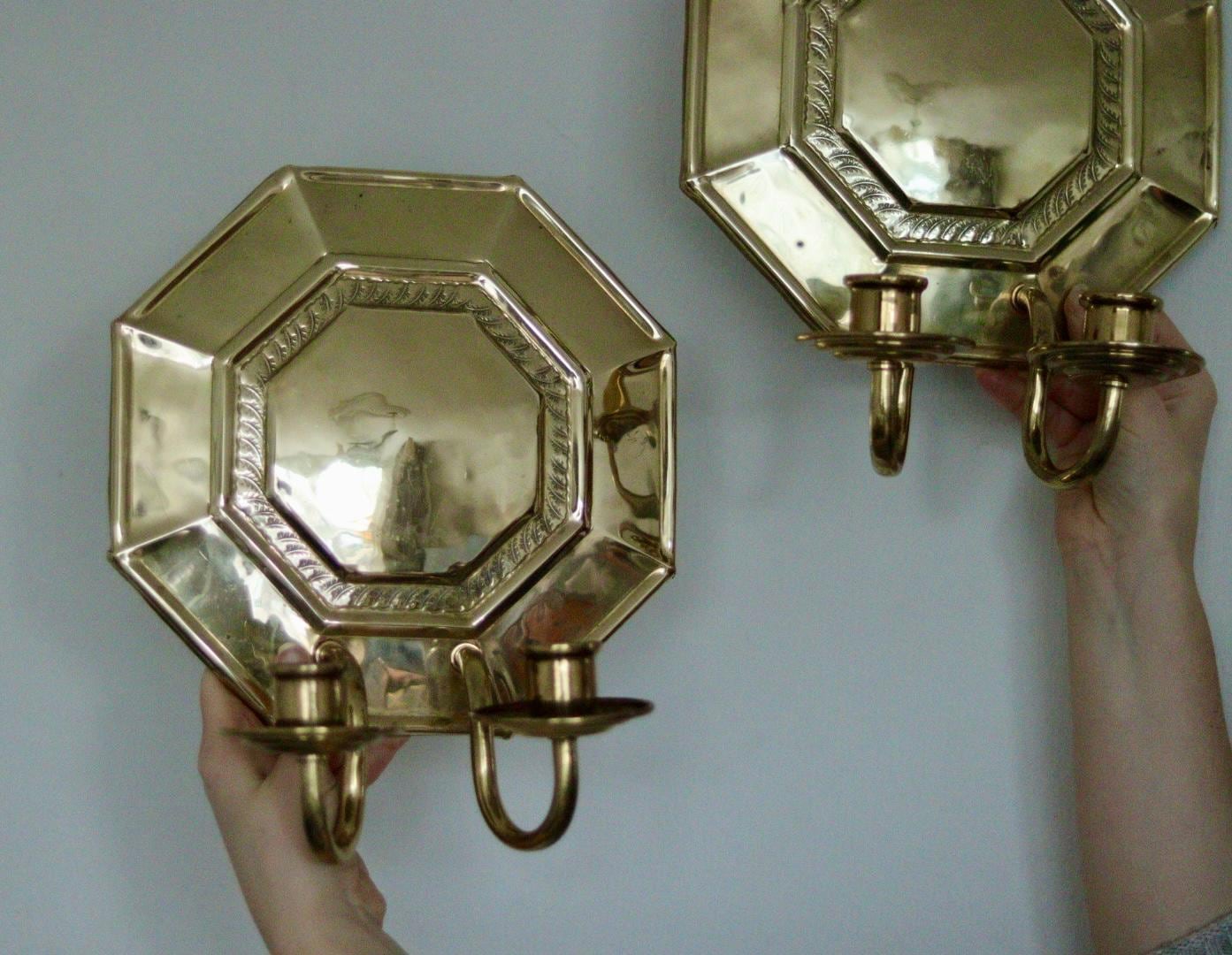 Pair of  Swedish Brass Octagonal Sconce with double arm Design