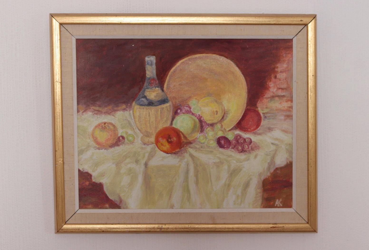 “Still Life with Fruit and Bottle” by A.K.
