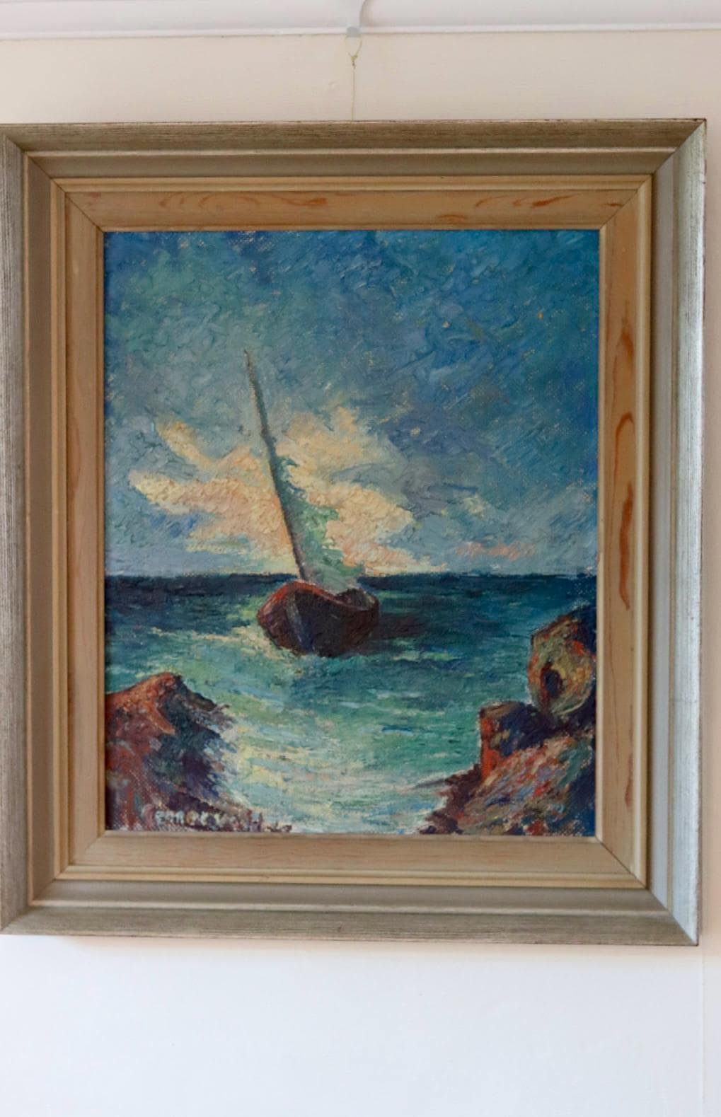 Mid-20th Century Original Oil on Panel – Ship at Sea