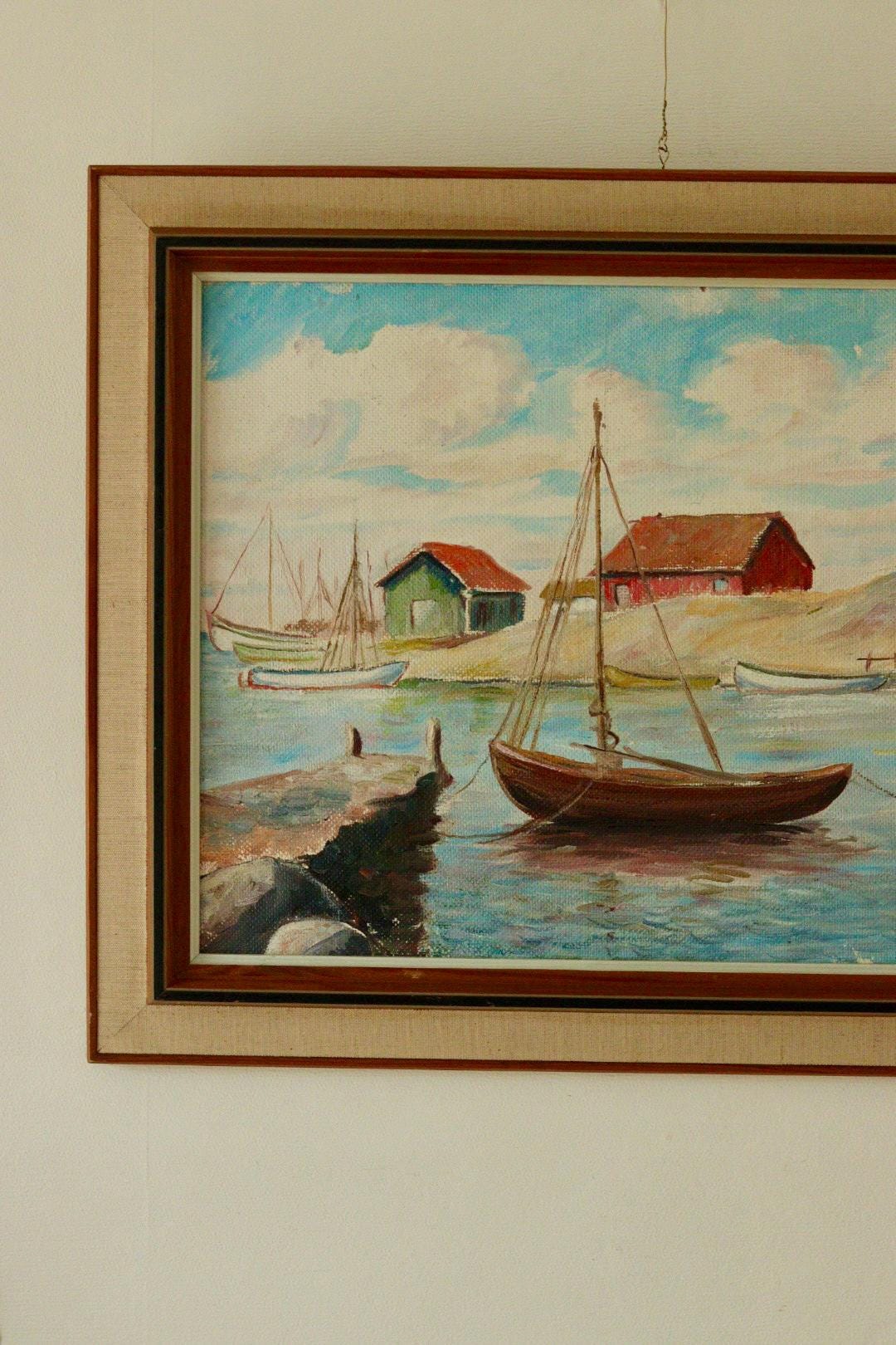 Vintage Panel Painting – “Boat and House Motif”