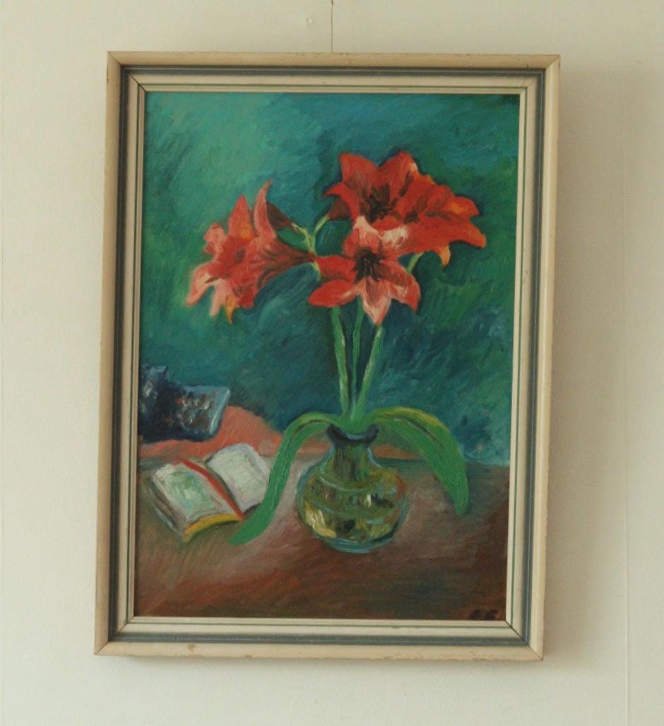 Original Mid Century Oil on Board – “Still Life with Flowers, Book and Object”