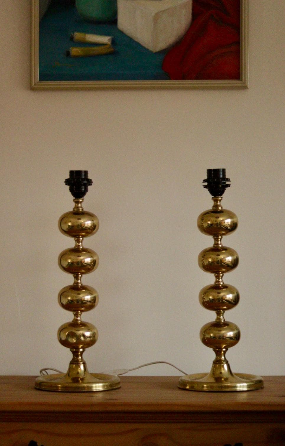 Pair of Tall Mid Century Swedish Brass Bobbin lamps by Aneta