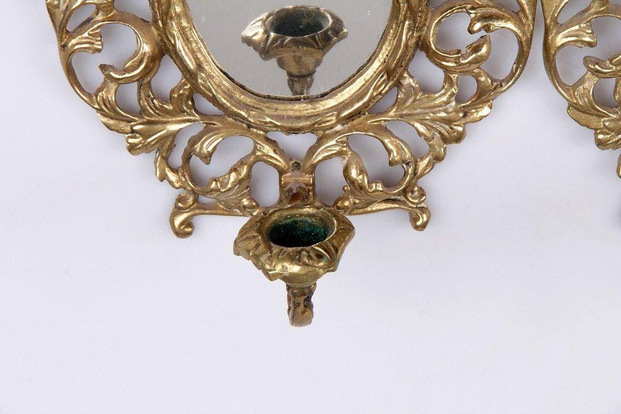 Pair of Antique French Brass Sconces with Mirror