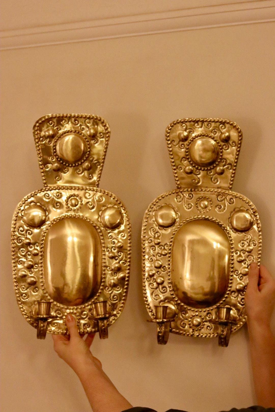 Large Mid-Century Swedish Brass Sconces