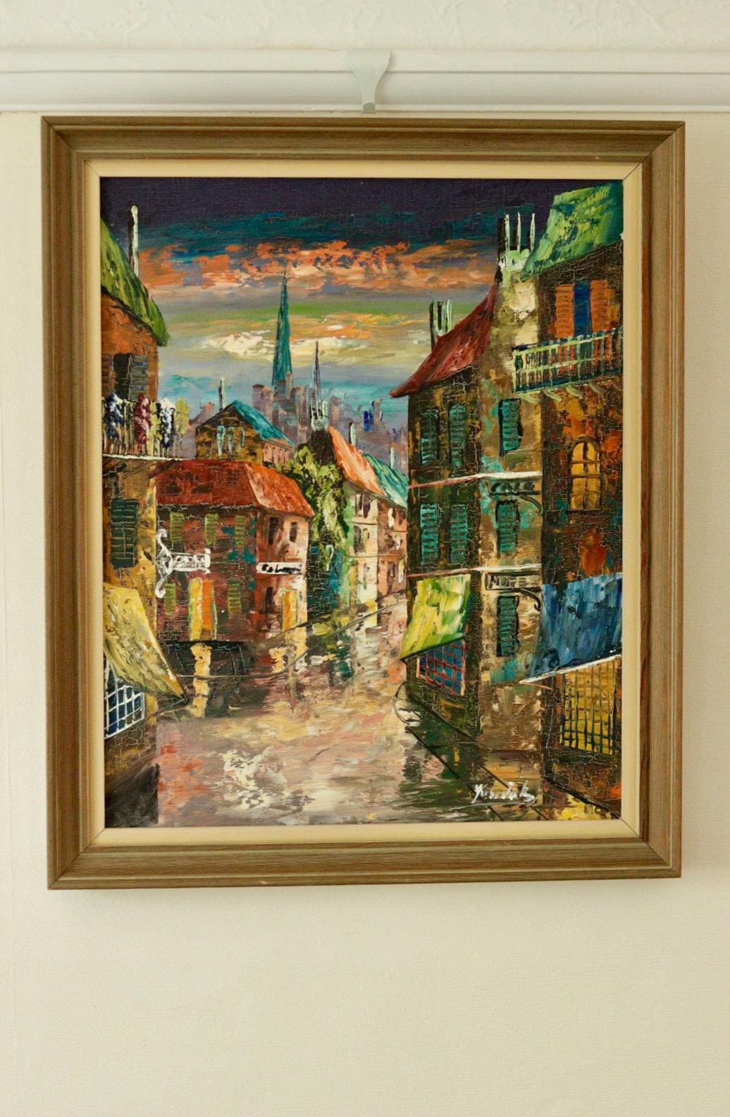 Mid-Century Original Swedish Oil on Canvas "French Street Scene