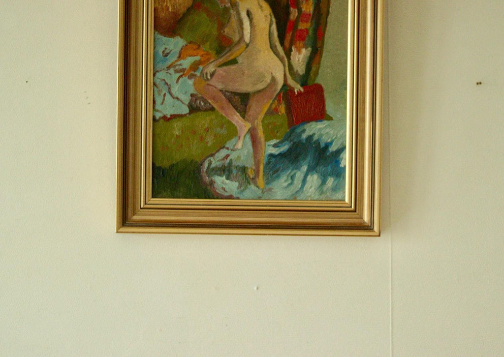 Original Swedish Oil on Panel Painting – Nude in Colourful Interior