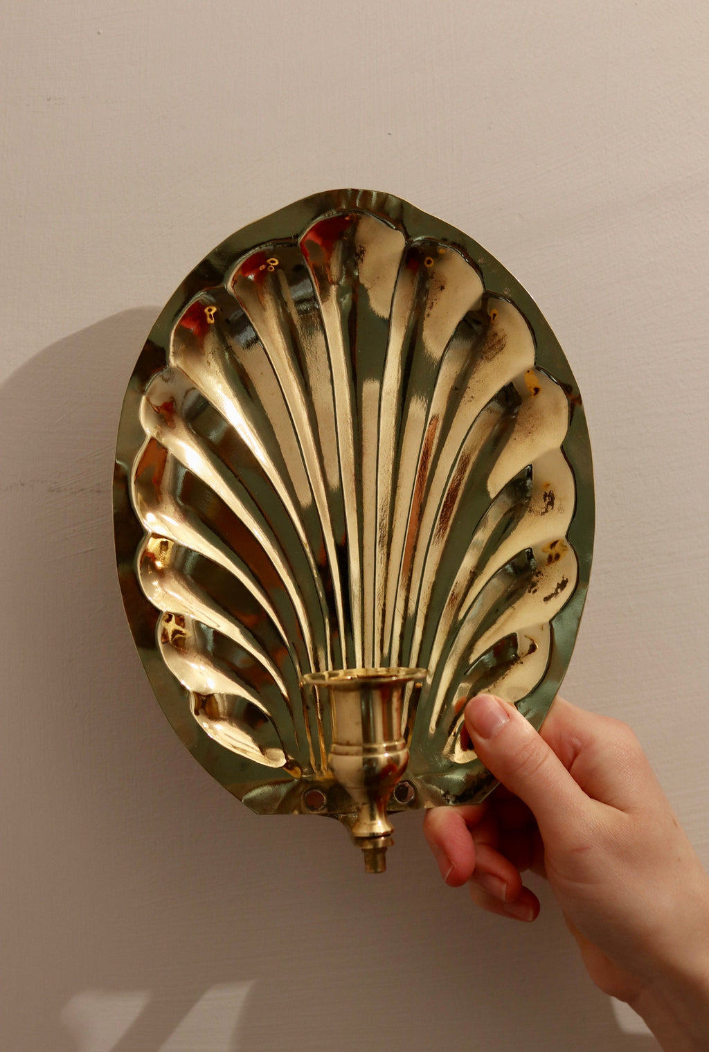 Pair of Vintage Brass Sconces with Scallop Detail