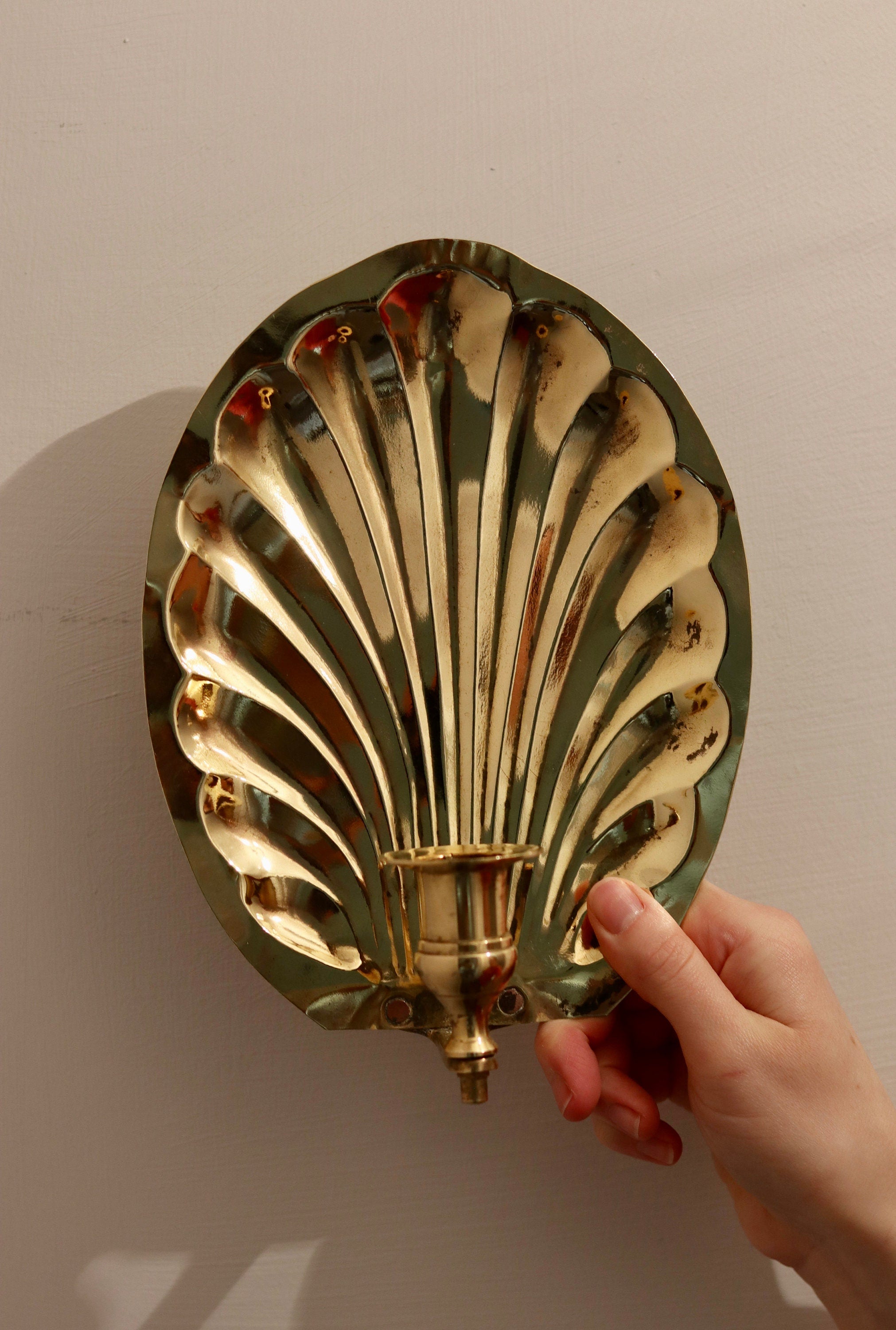 Pair of Vintage Brass Sconces with Scallop Detail