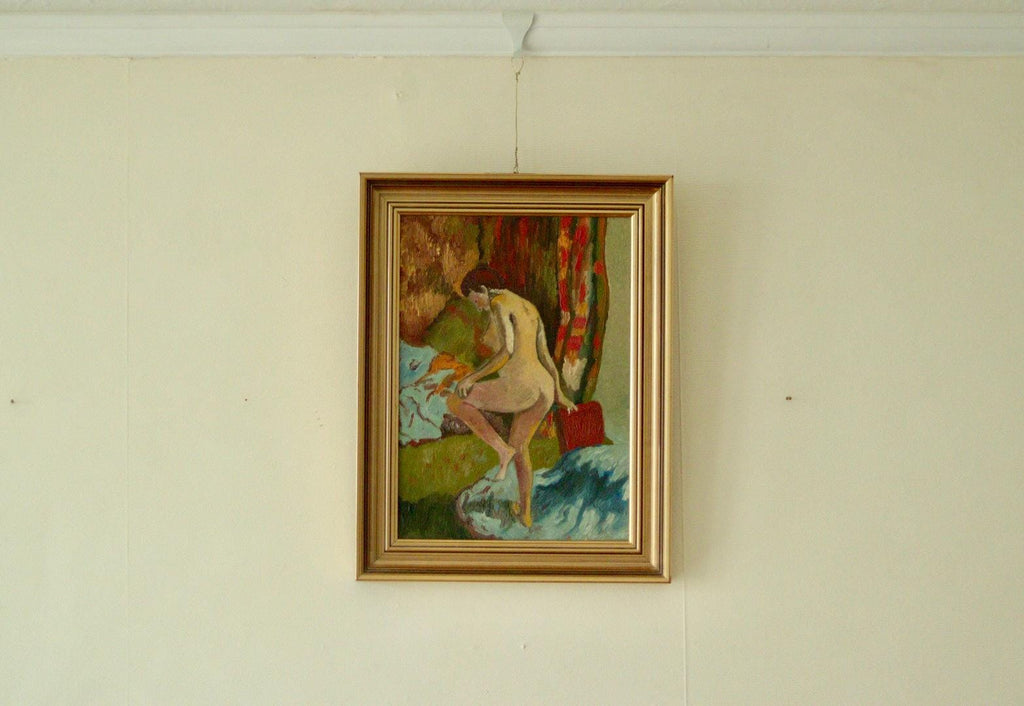 Original Swedish Oil on Panel Painting – Nude in Colourful Interior
