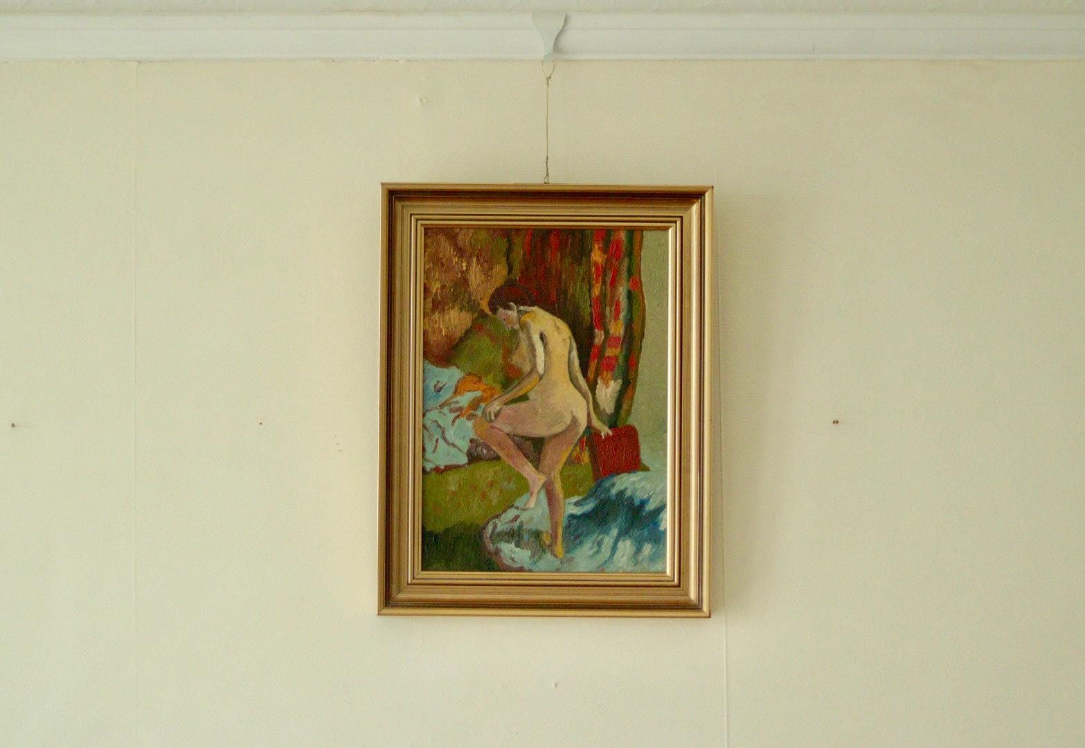 Original Swedish Oil on Panel Painting – Nude in Colourful Interior