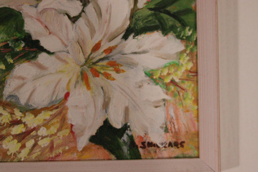 Original Mid-Century Swedish Oil On Panel – White Lilies