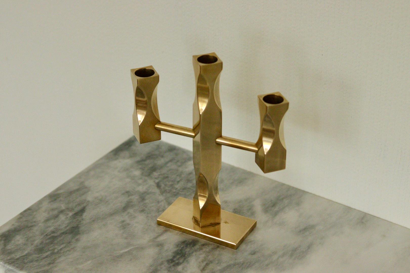 Swedish Brass Three Arm Candelabra by Lars Åkesson for Vallonmässing