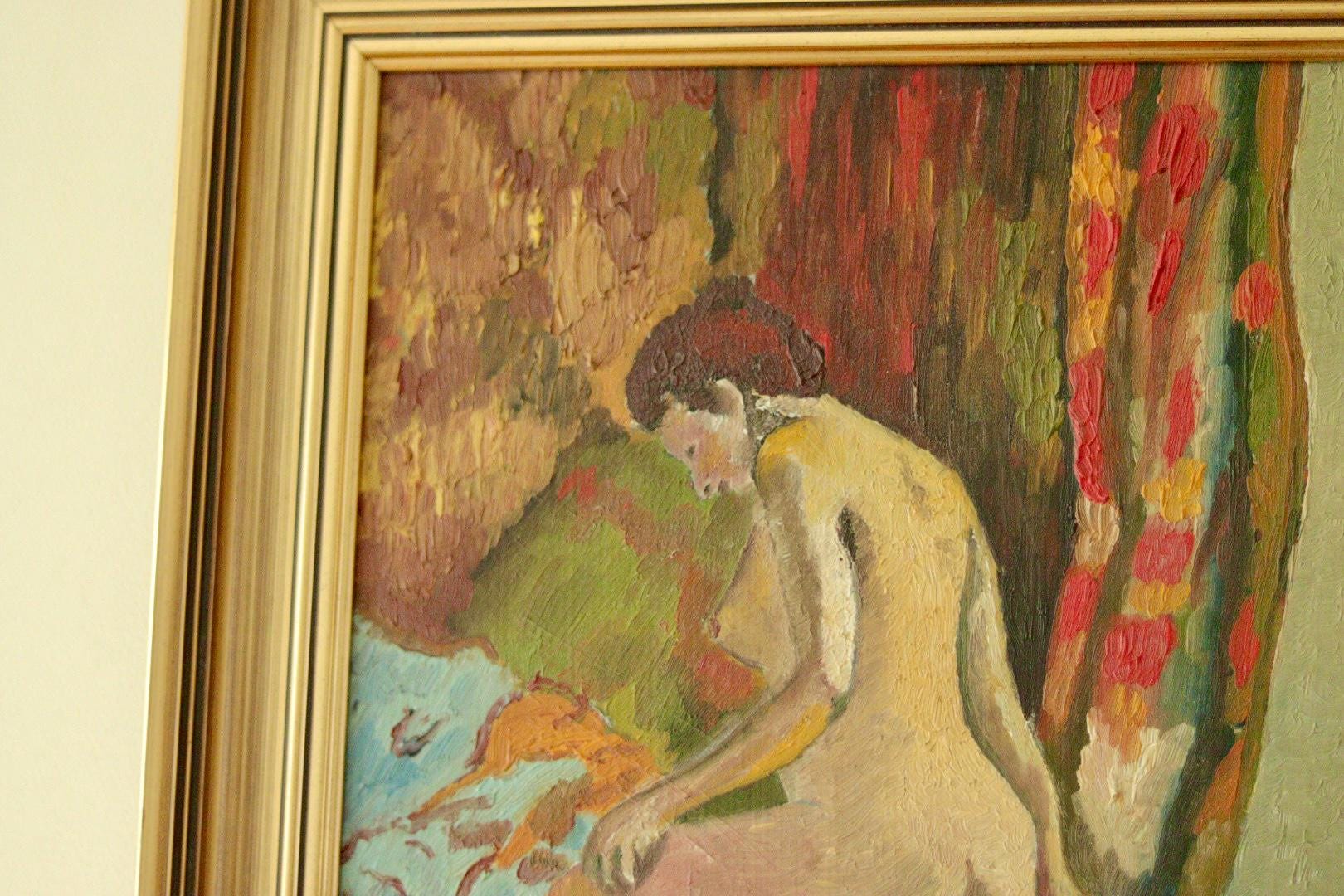 Original Swedish Oil on Panel Painting – Nude in Colourful Interior