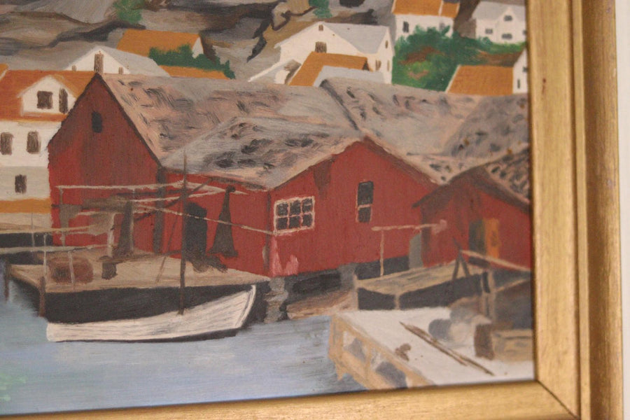 Original Mid-Century Swedish Oil On Panel – Coastal Town