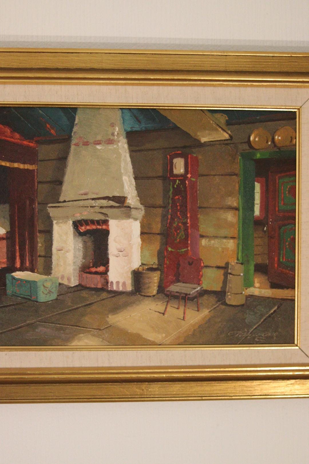 Original Mid-Century Swedish Oil On Canvas – Kitchen Fireplace