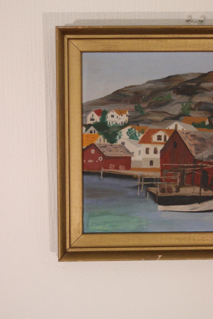 Original Mid-Century Swedish Oil On Panel – Coastal Town