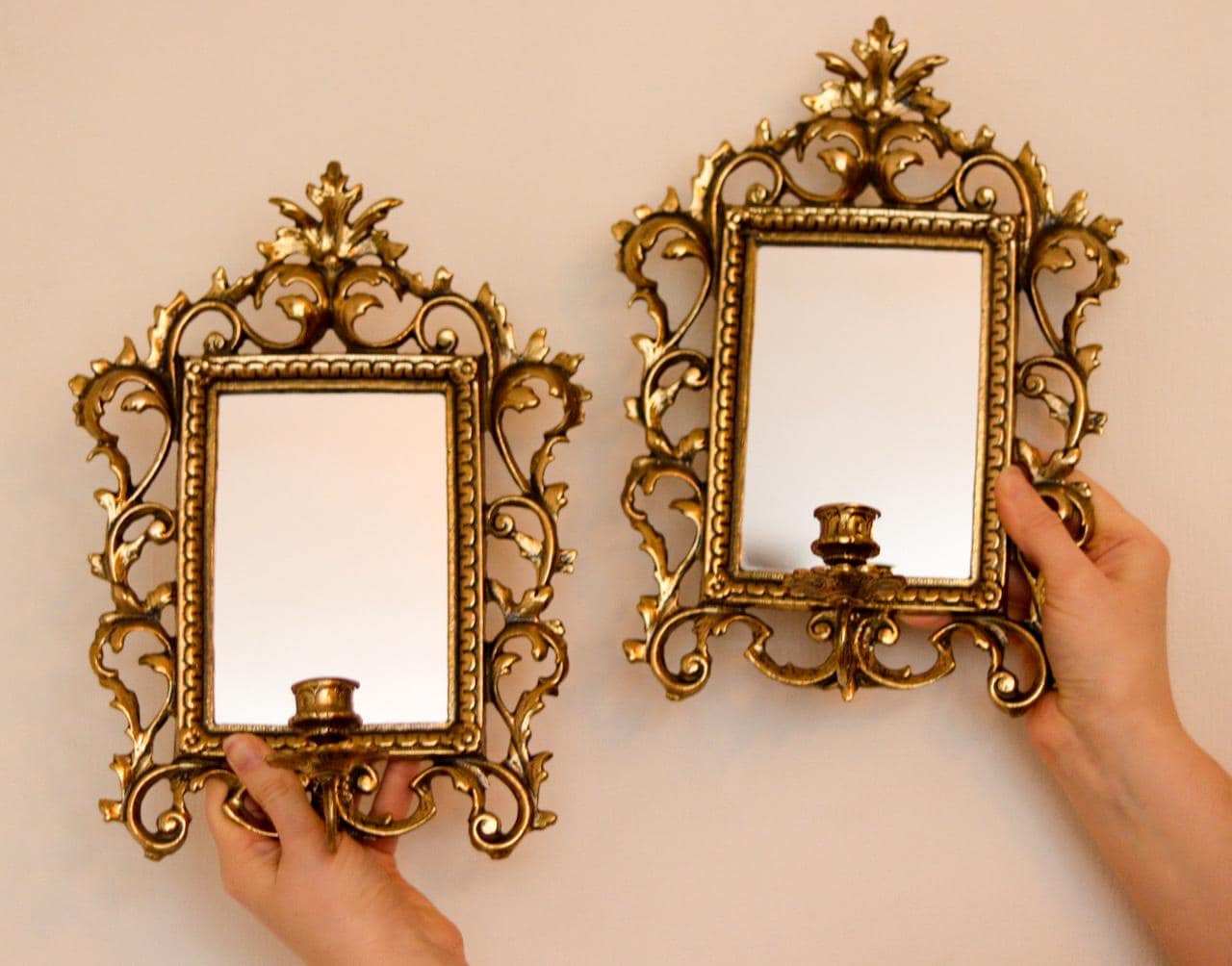Pair of Swedish Brass Sconces with Mirror